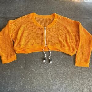 Vintage Crochet Knit Cardigan Zip Sweater Womens M/L Orange Yellow Oversized Y2K